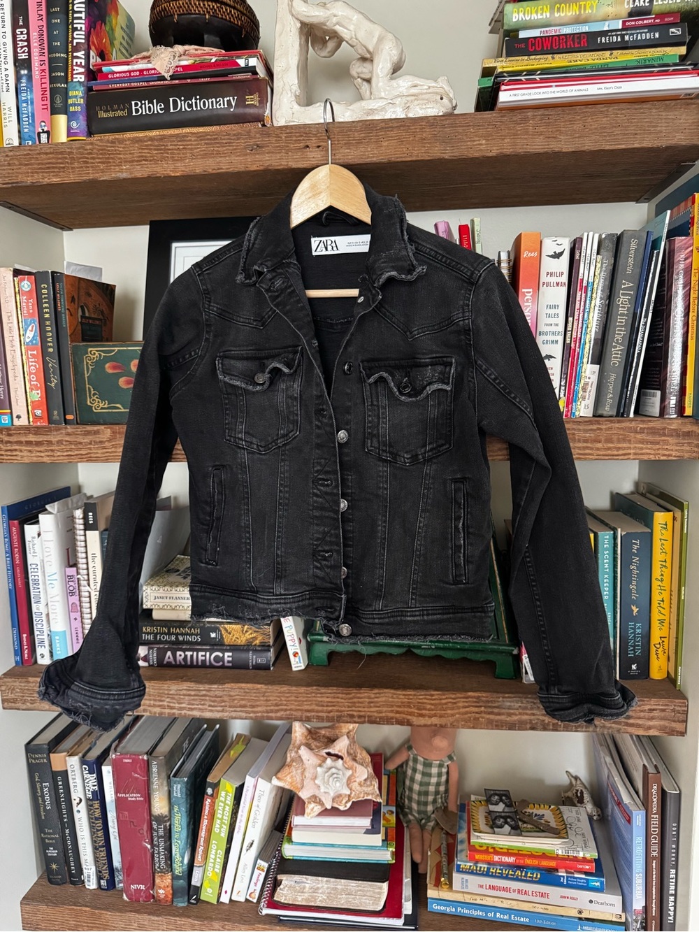 Zara Black Denim Jacket with Button Front